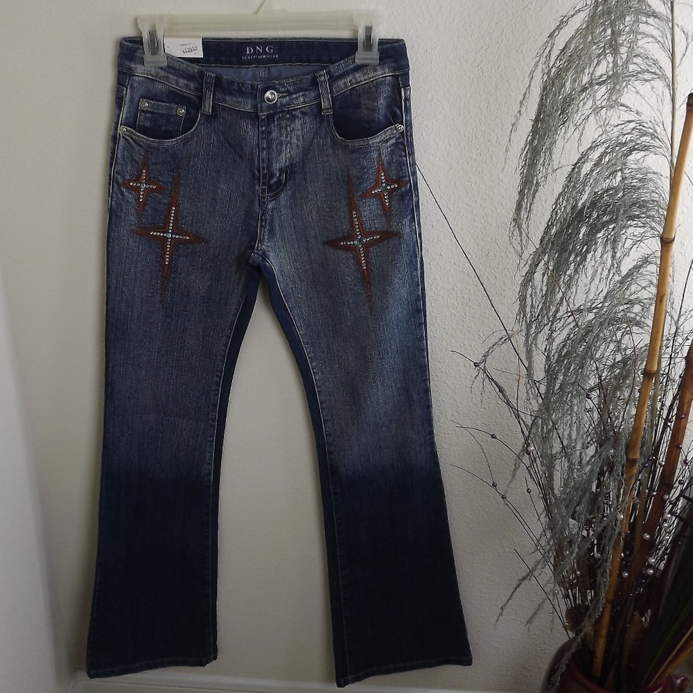 Dark Wash Blue Denim Jeans with Rhinestones